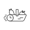 Delivery of products concept. Food basket with stopwatch. Linear icon of grocery shopping. Black illustration of quick supply.