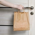 Delivery during the quarantine. Grocery store shopping delivery man giving paper bag with Merchandise, goods and food