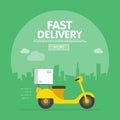 Delivery Ride Scooter Motorcycle City Building Background Flat Vector Illustration
