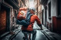 A delivery rider with a backpack riding a bicycle through the city to make deliveries. AI Royalty Free Stock Photo