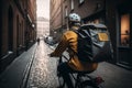 A delivery rider with a backpack riding a bicycle through the city to make deliveries. AI Royalty Free Stock Photo