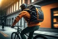 A delivery rider with a backpack riding a bicycle through the city to make deliveries. AI Royalty Free Stock Photo