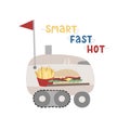Delivery robot for hot fast food carry. Lettering, Burger, french fries. Vector illustration for smart delivery
