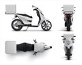 Delivery scooter. Realistic motorcycle with blank bag for food and drinks, restaurant and cafe courier bike with white