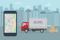 Delivery service app on mobile phone. Delivery truck and mobile phone with map on city background.