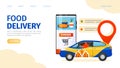 Delivery service app, online food order vector illustration. Logistic product shipping by car near large smartphone with