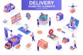 Delivery service bundle of isometric elements. Courier on scooter, delivery truck, pinpointer, warehouse worker