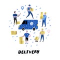 Delivery Service, Cargo Industry. Courier Characters Set in Different Poses. Postal Workers in Uniform with Parcels