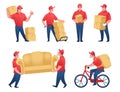 Delivery service. Cartoon mail man and food delivery worker carrying cardboard boxes. Vector scenes of courier with Royalty Free Stock Photo