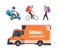 Delivery service. Cartoon walking courier, on bicycle, scooter and car, online food and goods delivery service to home