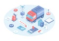 Delivery service. Check and track the delivery shipment of goods to the customers. Delivery truck, drone, mobile app, parcels.