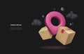 Delivery service concept. Cartoon 3d illustration of Cardboard boxes around the geolocation symbol. Landing page on dark