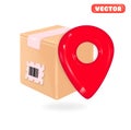 Delivery service concept. Cartoon 3d illustration of Cardboard boxes around the geolocation symbol. Landing page on dark