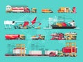 Delivery service concept. Container cargo ship loading, truck loader, warehouse, plane, train. Flat style illustration.