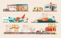 Delivery service concept. Container cargo ship loading, truck loader, warehouse, plane, train. Royalty Free Stock Photo