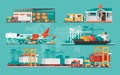 Delivery service concept. Container cargo ship loading, truck loader, warehouse, plane, train. Royalty Free Stock Photo