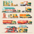 Delivery service concept. Container cargo ship loading, truck loader, warehouse, plane, train.