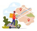 Delivery service concept, food delivery. Man courier riding electric scooter with yellow package product box. Map with red pins, Royalty Free Stock Photo