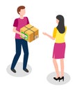 Delivery service concept. Man courier brought a cardboard box to girl, goods shipping, online order Royalty Free Stock Photo