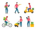 Delivery service courier characters set vector illustration. Smiling couriers shipping cardboard