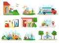 Delivery service, courier delivering box, shipping packages, freight logistic business icons flat set isolated vector