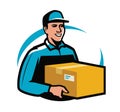 Delivery service. Courier holds parcel. Young man carries post cardboard box Royalty Free Stock Photo