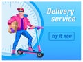 Delivery service. Courier on scooter. Vector advertising banner