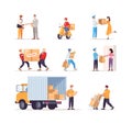 Delivery service in covid19 outbreak flat vector illustrations set. Customers and couriers in surgical masks isolated