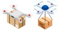 Delivery service delivers parcel using flying copter. Future technologies of online transfer of goods Royalty Free Stock Photo