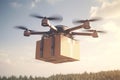 Delivery service drone carrying blank package parcel mockup. Generative AI