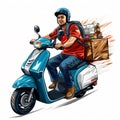 Delivery service, electric moped, food and food delivery advertising.