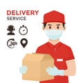 Delivery service icons. Safe goods delivery. Coronavirus protection and prevention. Courier in face medical mask and gloves with