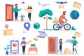 Delivery service isolated elements set. Bundle of couriers deliver parcels or pizza to customers door, flying drone, trekking