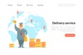 Delivery Service Landing Page Template, Cheerful Postman in Uniform Delivering Parcels Web Page, Mobile App, Homepage