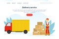 Delivery Service Landing Page Template, Delivery Truck with Cardboard Boxes and Male Courier, Homepage, Mobile App Royalty Free Stock Photo