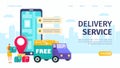 Delivery service landing page vector illustration, van and mobile phone with map on city background, courier deliveryman