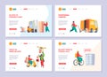 Delivery service landing. Postman deliver mail packages customer services sending paper mail garish vector business web