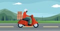 Delivery Service, Man Courier Riding Scooter Or Motorcycle With Parcel Over landscape view Royalty Free Stock Photo