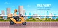 Delivery Service, Man Courier Riding Scooter Or Motorcycle With Parcel Over Modern City Landscape Royalty Free Stock Photo