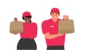 Delivery service man and woman couriers holding paper bags packaging vector