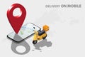 Delivery service on mobile application system concept presented by smart phone with location pin on the map and yellow motorcycle