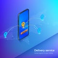 Delivery service or mobile shipping app banner. Navigation and gps in smartphone. Business illustration logistic and delivery.