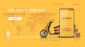 Delivery service. Online food order landing page with realistic scooter. Vector web page and mobile application concept