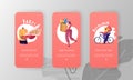 Delivery Service Order Shipping Mobile App Page Onboard Screen Set. Courier Delivering Pizza on Bicycle, Woman Carry Bag