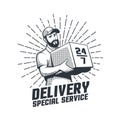 Delivery service retro logo. Bearded courier with box - vintage emblem