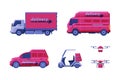 Delivery service transport set. Motorbike, truck, van, drone transportation distribution vehicles, cartoon vector Royalty Free Stock Photo