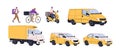 Delivery service transport types set. Walking courier, delivering on bicycle, scooter, bike, car, van, lorry, different Royalty Free Stock Photo