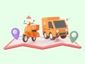 Delivery service, Delivery truck and scooter with pins on map