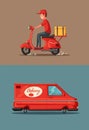 Delivery service by van and motorbike. Car for parcel delivery. Cartoon vector illustration Royalty Free Stock Photo