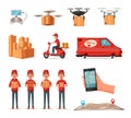 Delivery service by van, scooter, drone. Car for parcel delivery. Cartoon vector illustration Royalty Free Stock Photo